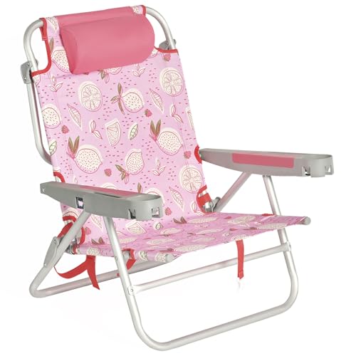SUNNYFEEL Extra Wide 28" Low Beach Chair 5 Position Lay Flat, XL Oversized Portable Folding Camping Chairs with Cup Holder for Outdoor/Trip, Lightweight Foldable Backpack Beach Chair for Adults - color: Pink Lemon, size: 1-PACK