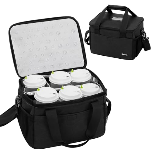 6 Cups Drink Carrier for Delivery, Reusable Cup Holder with Handle, Insulated Collapsible Drink Carrier, Adjustable Dividers, Shoulder Strap, Portable Cooler Tote Bag for Delivery, Travel, Car (Black) - color: Black