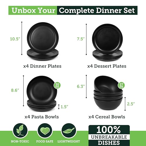 Grow Forward 16-piece Premium Wheat Straw Dinnerware Sets for 4 - Unbreakable Dishwasher & Microwave Safe Plastic Plates and Bowls Sets - Patio, Outdoors, RV, Camping Dishes - Midnight - color: Midnight Black