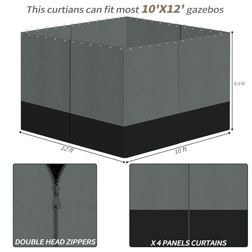 Gazebo Privacy Curtains 10' x 12' with Zipper 4-Panels Side Wall Universal Replacement for Patio, Outdoor Canopy, Garden and Backyard Gray and Black (Curtain Only) - color: Gray and Black, size: 10' x 12'