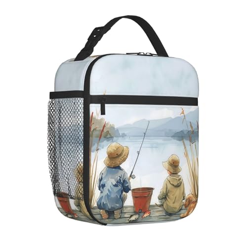 Reusable Fishing by the Lake Lunch Box for Kids Girls Boys Women Adult, Insulated Fun Lunch Bag,Polyester Cooler Handbags Case for School Picnic Work Travel Outdoor Beach or Hiking - color: Fishing 02