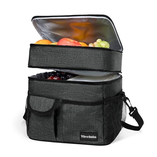 Tirrinia Large Insulated Lunch Box for Women Men, Double-Layer Leak-Proof Reusable Lunch Bag with 4 Pockets for Adult, Lunch Bag Cooler Tote for Office Work and Travel,Black - color: Black, size: Large Double Layer-17L