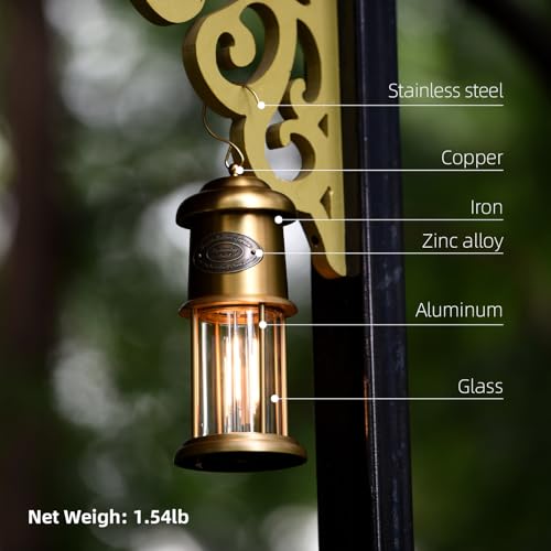 Metal Vintage LED Camping Lantern, 5200mAh Rechargeable Battery Last 12-430 Hours Camping Lamp, 3 Modes Hanging Lantern, Retro Camping Light for Courtyard Outdoor Decoration - style: Retro Brushed Brass