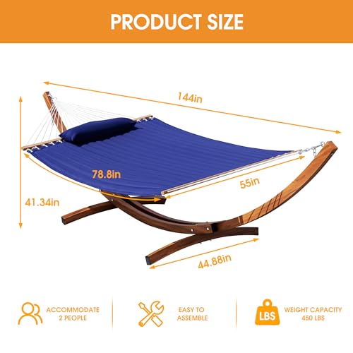 Lazy Daze Hammocks 12 FT 2 Person Double Quilted Hammock with Curved Steel Heavy Duty Stand and Pillow for Outside, Backyard, Patio, 450 Lbs Capacity, Blue - color: Blue