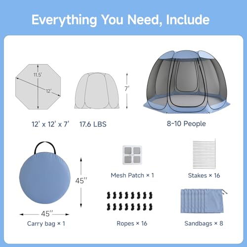 Alvantor 12'x12' Pop Up Screen House Tent, Instant Outdoor Gazebo with Mosquito Netting & UPF 50+ Sun Protection, Portable Canopy Shelter for Patio, Backyard, Camping (8-10 Person),Charcoal Gray - color: Charcoal Gray, size: 12'x12'