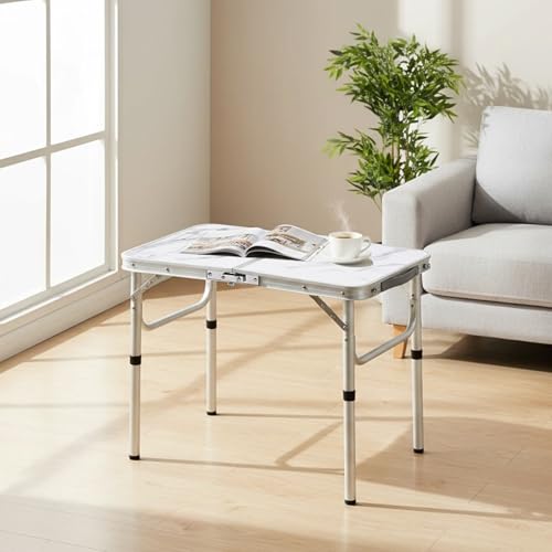 YUFIFAIRY Small Folding Camping Table, 2ft Portable Table with 3 Adjustable Heights, Aluminum Lightweight Foldable Picnic Table with Mesh Layer and Extension Legs for RV, BBQ and Indoor - color: White Marble Top & Silver Frame