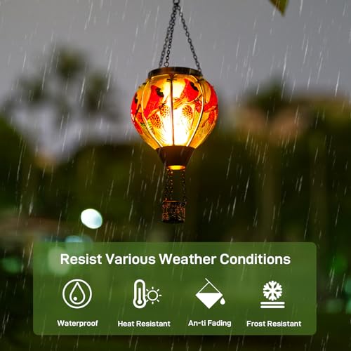 Cardinal Solar Hot Air Balloon Lantern with Flame, Glass Balloon Solar Lantern Outdoor Waterproof, Hanging Hot Air Balloon Solar Light, Cardinal Gifts for Mom Woman Christmas - color: Red