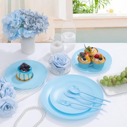 ejonirinjonir EI 150pcs Blue Plastic Plates Disposable Light Blue Baby Shower Plates Heavy Duty Dinnerware Set Plastic Silverware for Party,Wedding,Easter,Spring Afternoon Tea - color: Baby Blue Frosted Plastic Plates