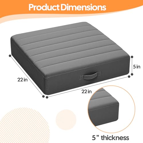 MeMoreCool Floor Pillow 22"x22" – Tufted Meditation Cushion with Foam Core, Grey Washable Cover & Handle | 5" Thick Firm Foam | for Adults, Kids, Yoga, Tatami, Pet Seating - color: Dark Grey, size: 22 Inch