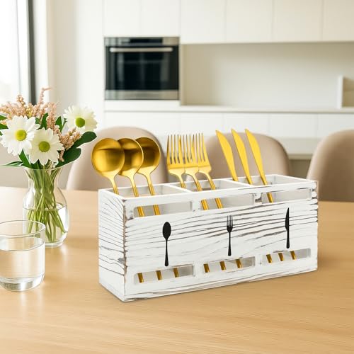 Farmhouse Wooden Utensil Caddy Party Cutlery Silverware Holder Small Wood Utensil Holder for Kitchen Counter Decor Flatware Cutlery Organizer Table Flatware Silverware Caddy Spoon and Fork Organizer - color: Retro White