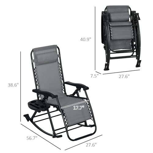 Outsunny Set of 2 Outdoor Rocking Chairs, Foldable Reclining Zero Gravity Lounge Rocker with Pillow, Cup & Phone Holder, Combo Design with Folding Legs, Gray - color: Grey, size: 2 Packs