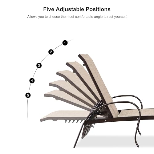 PURPLE LEAF Outdoor Chaise Lounge Chair Set of 3 Patio Pool Lounger Aluminum Chairs with Side Table Adjustable Tanning Recliner for Outside Yard Deck Lawn Garden Beach Khaki - color: Khaki, size: 2 Chairs & 1 Table