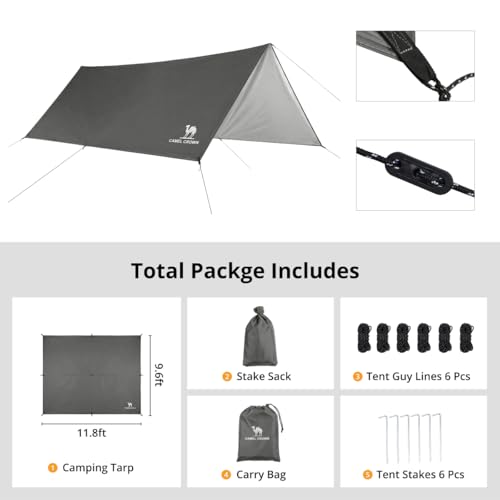 CAMEL CROWN Camping Tarp,3000mm Waterproof & UPF 50+ Sun Protection Rain Fly Tarp - Lightweight Portable Camping Shelter with Stakes, Guy Lines & Carry Bag, for Hiking Backpacking Beach Picnic Shade - color: Cool Grey