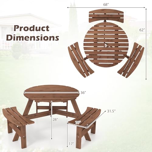 Giantex 6-Person Round Picnic Table Set with 3 Benches, 550 LBS Bench Capacity, 2" Umbrella Hole, Circular Outdoor Wood Dining Table & Chairs for Patio Yard Garden Porch Deck (68”x62”x28”,Brown) - color: Brown, size: 68”x62”x28”