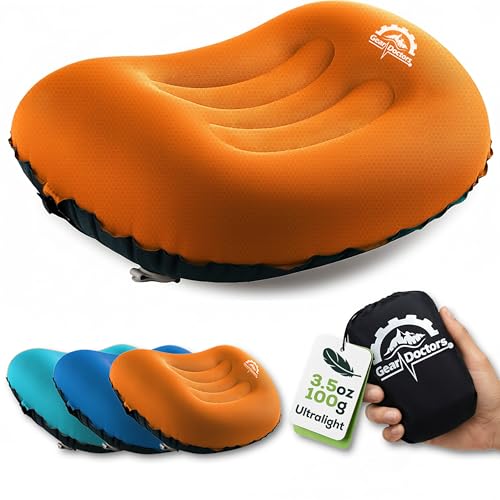 Gear Doctors 3.5oz Compact Ultralight Inflatable Camping Pillow—Inflatable Camp Pillow—Backpacking Pillows Ultralight—Camping Pillows for Sleeping, Hiking, Travel, Beach, Office, Neck, Lumper [Orange] - color: Orange Camping Pillow