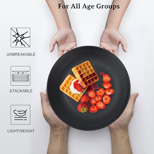 Wrova Wheat Straw Dinner Plates 10 Inch Unbreakable Set of 8 - Dishwasher & Microwave Safe Plastic Plates Reusable - Lightweight Plates for kitchen,camping,salad,appetizer - Pure Black - color: Black, size: 10 inch