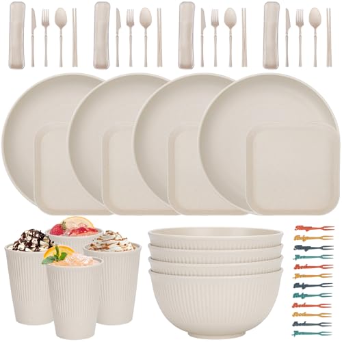 48 Pcs Dinnerware Sets, Unbreakable Plates and Bowls Sets, Reusable Dinnerware Sets for 4 People, Travel Camping Picnic Home Party Cutlery Set, Dishwasher Microwave Safe Dishes - color: 48pcs Beige, style: 48PCS