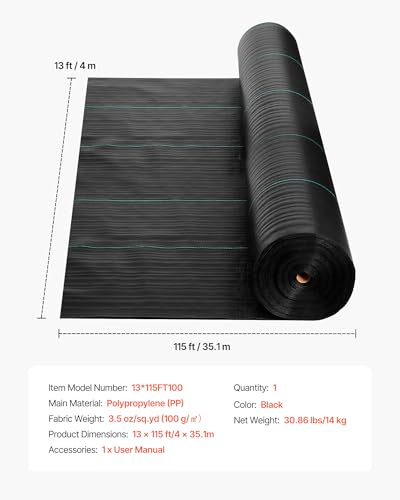 VEVOR Weed Barrier Fabric Heavy Duty, 13x115FT 3.5oz Landscape Fabric, Woven Weed Blocker Fabrics, Garden Fabrics Weeds Barrier, Weeds Control Ground Cover, Geotextile Webbing, Gardening Mat, Black - size: 13FT*115FT-3.5oz