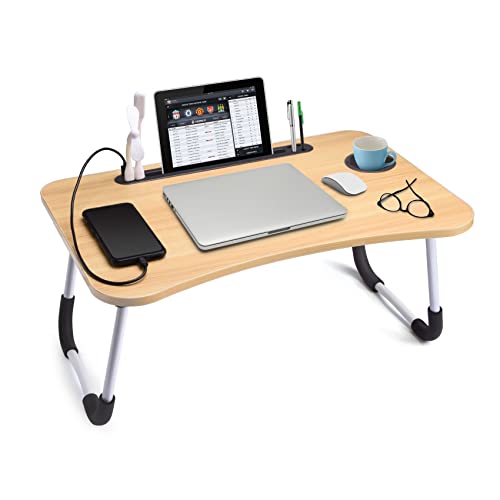 Slendor Lap Desk with Cup Holder, Foldable Laptop Table for Bed, Portable Bed Desk for Laptop and Writing, Computer Tray with Tablet Slot, Notebook Stand Reading Holder for Couch Sofa Floor,Walnut - color: Brown
