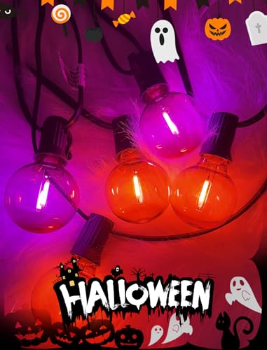 25FT Halloween String Lights Outdoor Plug-In, 25 G40 LED Bulbs & 2 Spare, E12 Base, 2700K Warm White, Shatterproof, Outdoor Halloween Decorations for Garden Patio Christmas, Clear Purple Orange - color: Clear Purple Orange, size: 25Ft