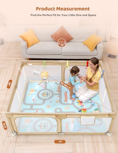 Dripex Baby Playpen with Mat, 71"x59" Play Pen for Toddlers 1-3 Years, Soft Breathable Visible Mesh, Indoor/Outdoor Portable Play Yard with Mat, Safe Baby Fence Play Area, Beige - color: Beige, size: 71"×59" with Mat