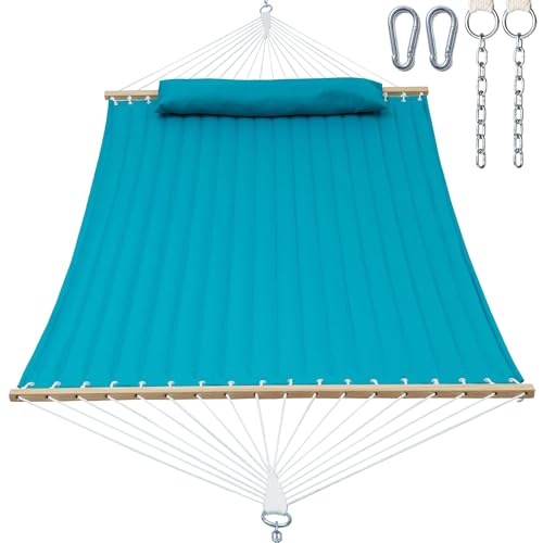 GAFETE Hammock 2 Person Quilted Fabric Hammocks for Outside, Double 12ft Hammocks with Spreader Bar, Large Removable Pillow, Storage Bag, Carabiners, Max 475 lbs Capacity (Canyon Creek Aqua) - color: Canyon Creek Aqua