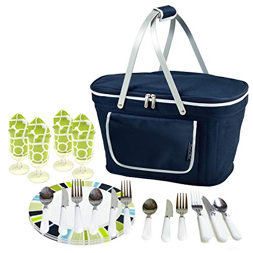 Picnic at Ascot Patented Collapsible Insulated Picnic Basket Equipped with Service For 4- Designed and Assembled in USA - color: Navy/Tellis Green