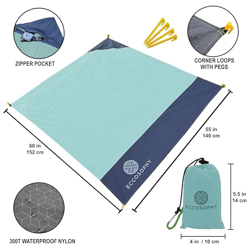 ECCOSOPHY Sand Proof Beach Blanket - Waterproof Picnic Blanket 60x55 Outdoor Compact Pocket Blanket Lightweight Ground Cover for Hiking Camping Festivals Sports Travel with Bag & Stakes (Pistachio) - color: Pistachio