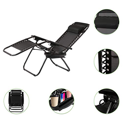 Meet perfect Folding Zero Gravity Chair Padded Outdoor Reclining Lounge Chair Wide Armrest Adjustable Pillow and Utility Tray Mesh Antigravity Chair Steel Frame Laydown Lawn Chair(Black)