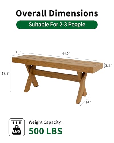 44.5" HIPS Outdoor Dining Bench, X-Shaped Modern Backless 2-Person Seating, All-Weather Patio Bench with Wood Grain Texture, Easy Assembly, Teak - color: Teak, size: 1 Bench