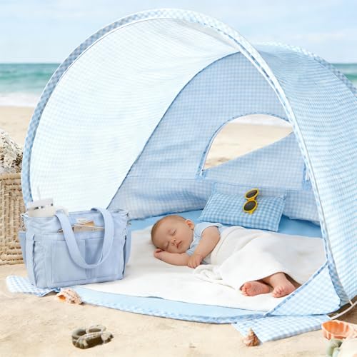 Tiny Land Baby Beach Tent – Pop Up Baby Tent with UV Protection, Portable Baby Beach Essentials, 35.4"x27.6"x31.5" Sun Shelter for Infants, Baby Summer Outdoor Use (Light Blue Gingham) - color: Light Blue Gingham