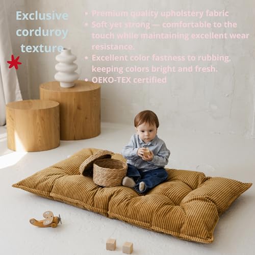 Tufted Floor Cushion – Plush Corduroy Floor Pillow for Reading, Meditation and Yoga – Soft Cozy Window Seat Cushion for Living Room and Bedroom for Adults and Kids - made in EU (Warm Mustard, Small) - color: Warm Mustard, size: Small — 39×21.5 in (100×55