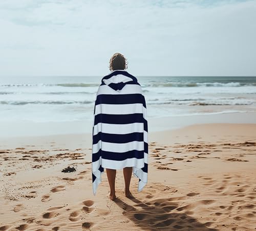 COTTON CRAFT Hooded Beach Towel - Oversized XXL 35x84 Towel with Hood for Adults - The Big Kahuna 7 Foot Beach Blanket Towel - Big & Tall Soft 100% Cotton Velour - Pool Bath Wrap - Cabana Stripe Navy - color: Cabana Stripe - Navy, size: 1 Pack - 35x84 Hoo