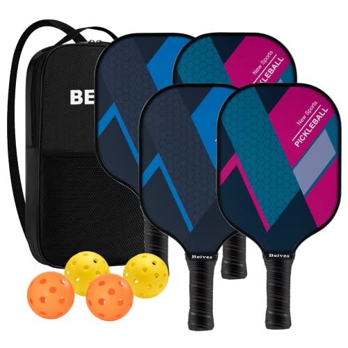 Pickleball Paddles, USAPA Fiberglass Pickleball Paddles Set of 4, Pickleball Set with 4 Pickleball Rackets, Including 4 Pickleballs & 1 Carry Bag, Pickle Ball Paddles Set for Men, Women - color: 2.Red&Blue-set of 4