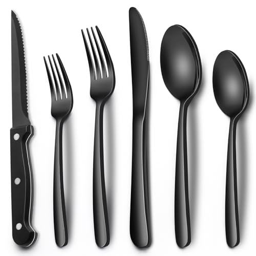 EWFEN 24-Piece Black Silverware Set with Steak Knives, Black Flatware Set for 4, Food-Grade Stainless Steel Tableware Cutlery Set, Mirror Finished Utensil Sets for Home Restaurant, Heavy Duty - style: Heavy Duty