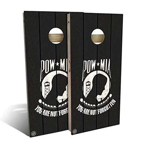 Slick Woody's Professional-Grade Cornhole Boards - 4'x2' Solid Wood Regulation Man Cave + Beer Branded Corn Hole Toss Game with 8 Resin Filled Bags - color: POW-MIA