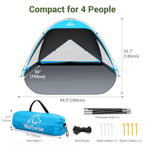 Wolfwise Large Beach Tent Sun Shelter for 3-4 Person, Spacious Sun Shade UPF 50+ UV Protection, Extendable Floor for Privacy, 3 Ventilated Mesh Windows, Carrying Bag, 95 ″x65″x55″,Black Coating - color: Black Coating