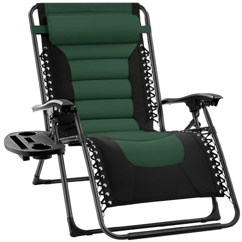 Best Choice Products Oversized Padded Zero Gravity Chair, Folding Outdoor Patio Recliner, XL Anti Gravity Lounger for Backyard w/Headrest, Cup Holder, Side Tray, Polyester Mesh - Forest Green - color: Black/Forest Green