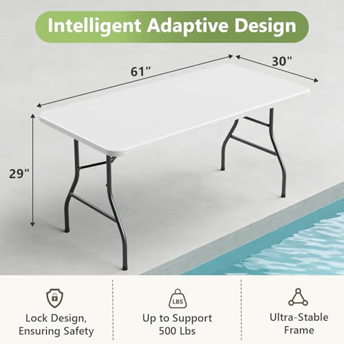 5ft Folding Table, Heavy Duty Plastic Card Table with Foldable Steel Legs, Metal Frame Support up to 500 lb, Portable for Indoor, Outdoor, Picnic, Camping, Dining, Party, White - color: White, size: 5FT
