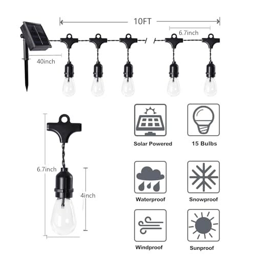 Vigdur 11FT Solar String Lights Outdoor Waterproof with 15 Plastic Bulbs Shatterproof & Auto ON/Off, Solar Powered Patio Lights for Camping Backyard Garden Porch Decor