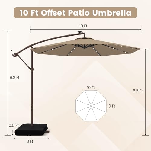 Tangkula 10FT Offset Patio Umbrella with Base Included, Outdoor Cantilever Umbrella with 40 Solar LED Lights, Tilt Adjustment, Crank Handle, Vented Top, Sand Bags for Pool Yard Deck (Tan) - color: Tan