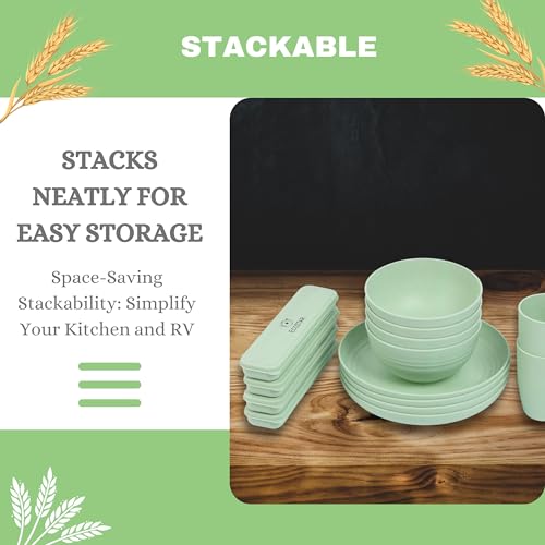ECOSTAR Wheat Straw Dinnerware Sets Unbreakable Plates Bowls and Cups Reusable Utensils Dishwasher Microwave Safe Bowls and Plates Sets (Green) - color: Green