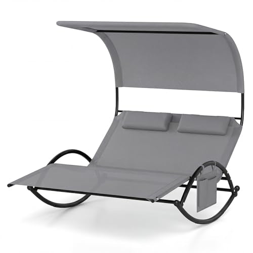 HAPPYGRILL Outdoor Chaise Lounge Rocker, 2-Person Rocking Daybed Sun Lounger with Sun Shade Canopy & Headrest Pillows, Hammock Bed Loveseat with Heavy-Duty Metal Frame for Patio, Backyard, Poolside