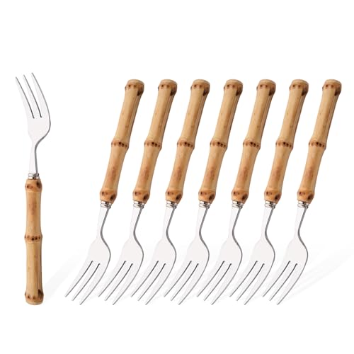 8 PCS Small Fork, 6.3 Inches Stainless Steel Dessert Forks with Bamboo Handle, Kitchen Flatware Cutlery Set, Use for Tasting Cakes Fruits and Appetizer, Mirror Polished - color: 8-Piece Cake Fork