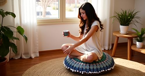 CRAFT KALA Large Hippie Floor Pillow Cover Mandala Meditation Cushion Case Pouf Cover Round Poufs Cover Bohemian Floor Cushion Cover Outdoor Fireplace Yoga Living Room Decor 32" Blue Mirchi - color: Blue Mirchi