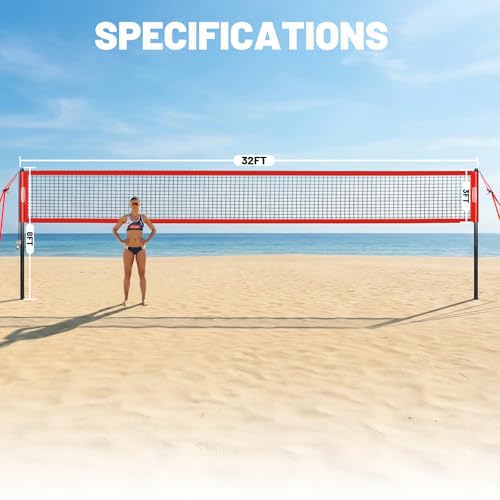 Portable Volleyball Net Set, 32FT Outdoor Volleyball Net for Backyard & Beach, Adjustable Height Volleyball Net with Anti-Sag Winch, Complete Volleyball Set with Ball & Accessories