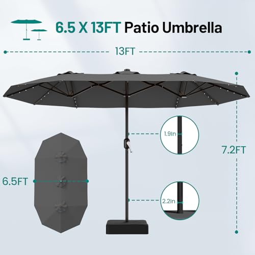AreShark 13 FT Patio Umbrella with Solar Lights, Double-Sided Outdoor Table Umbrellas with Crank, Large Rectangular Market Umbrella for Porch, Lawn, Pool, Backyard, Gray - color: Gray, size: 6.5x13 Ft