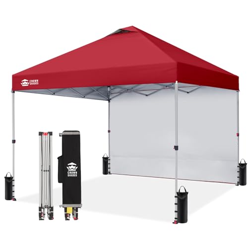 CROWN SHADES 10x10 Pop Up Canopy with 1 Side Wall - Beach Tent with One Push Setup - Outdoor Sun Shade for Events, Parties, Camping - Gazebo with STO-N-Go Cover Bag (Red) - color: Red, size: 10x10FT