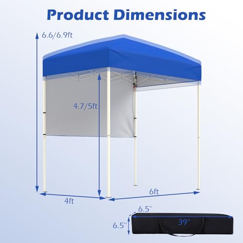 Tangkula 6x4 Ft Pop Up Canopy, UPF 50+ Instant Setup Canopy Tent with Sidewall, 4 Stakes, Portable Outdoor Canopy with Carrying Bag for Camp, Beach, Patio (Blue) - color: Blue