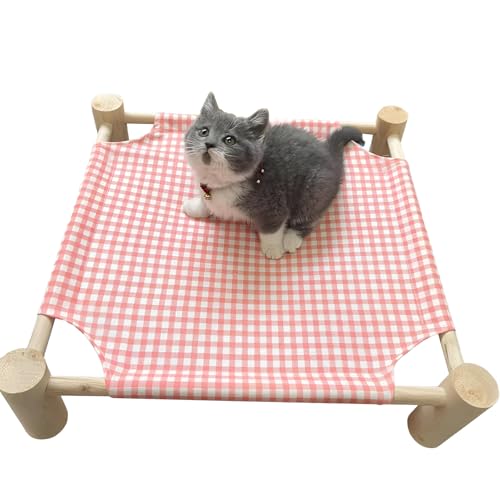 Pozico Elevated Cat & Dog Bed – Wooden Frame Pet Hammock for Small Dogs & Cats, Indoor/Outdoor Raised Bed with Breathable Mesh, Portable Pet Cot Furniture – Pink Grid - color: Pink Grid
